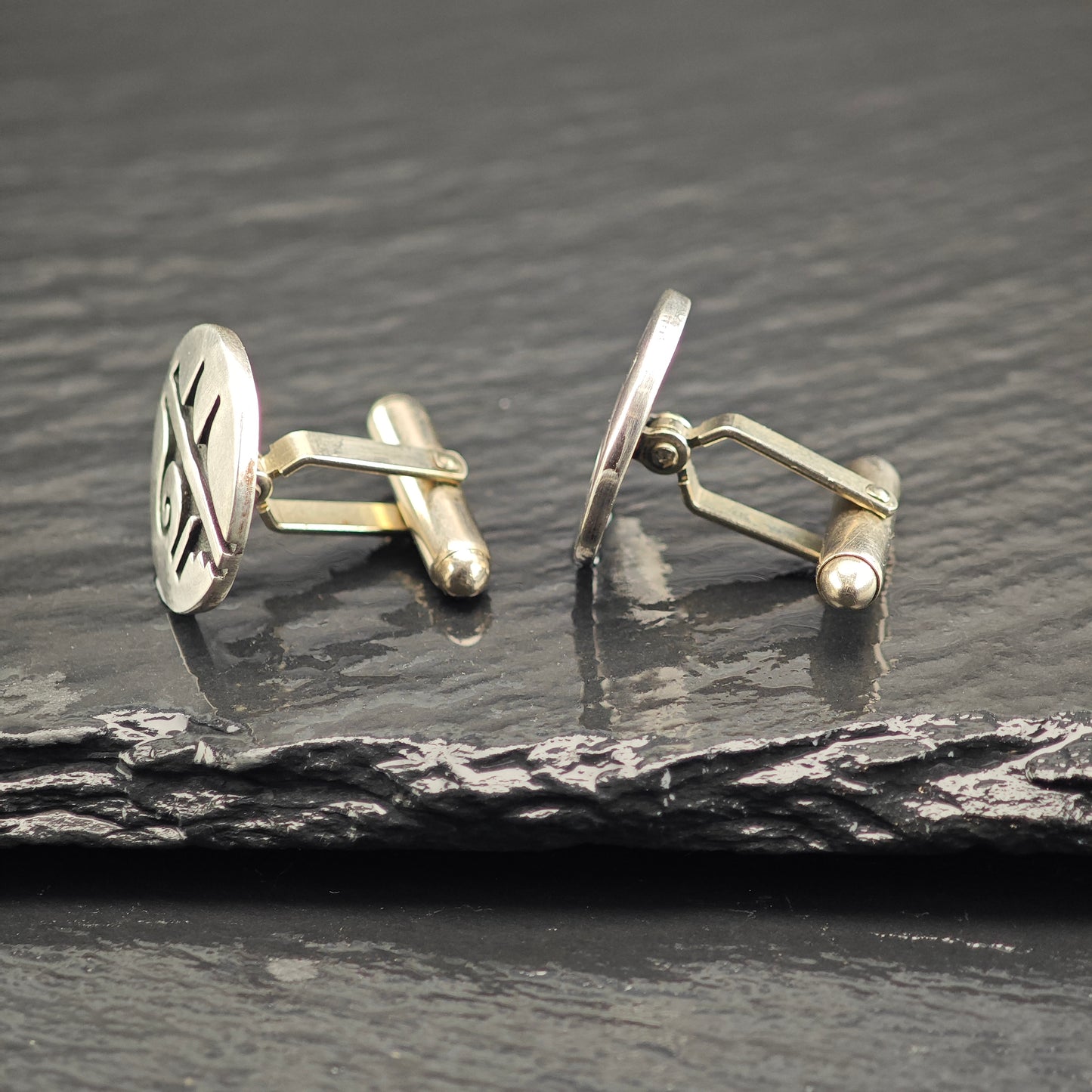 Vintage Hopi Round Overlay Cufflinks Sterling Silver, Copper Backings MISC0354