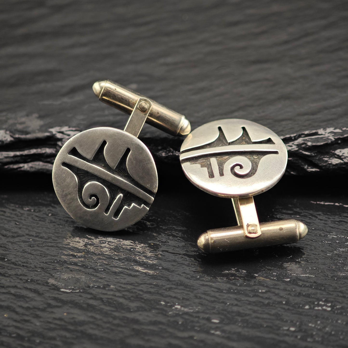 Vintage Hopi Round Overlay Cufflinks Sterling Silver, Copper Backings MISC0354