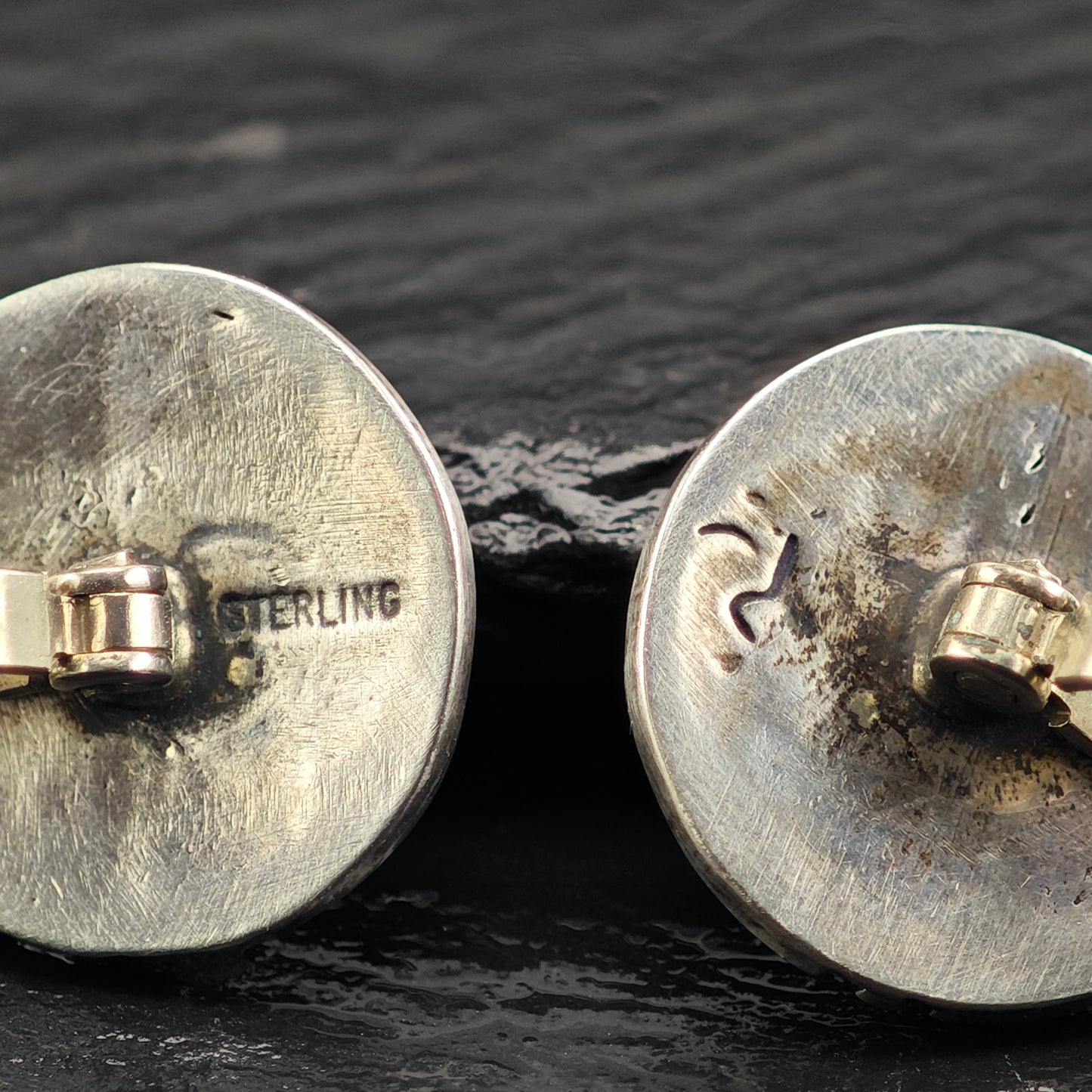 Vintage Hopi Round Overlay Cufflinks Sterling Silver, Copper Backings MISC0354