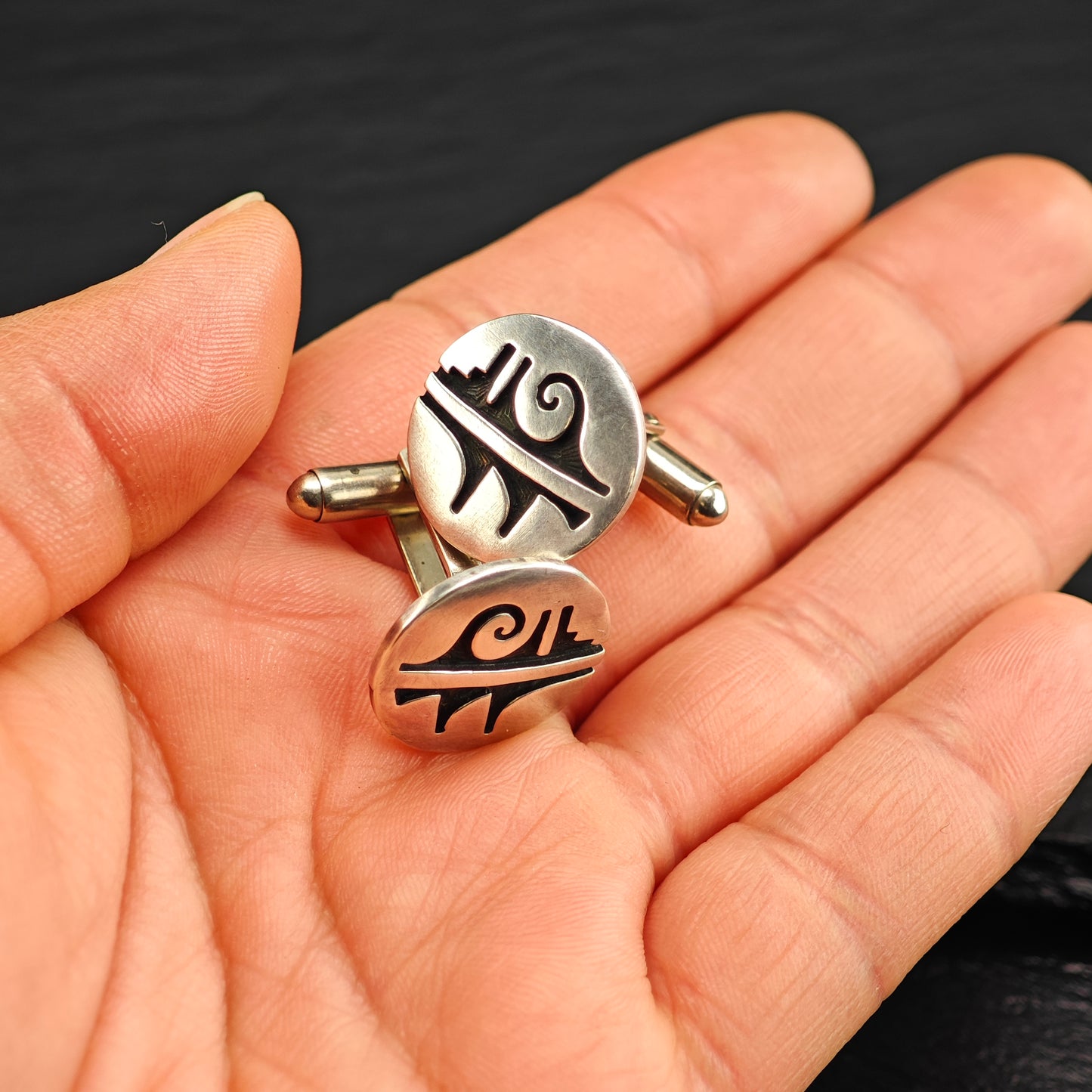 Vintage Hopi Round Overlay Cufflinks Sterling Silver, Copper Backings MISC0354