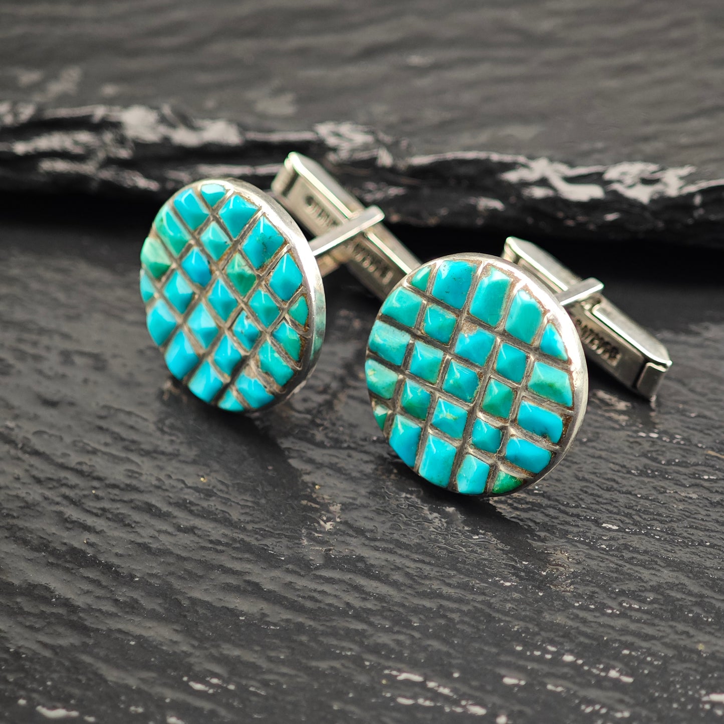 1940's Native American Zuni Turquoise Inlay Cufflinks Sterling Silver MISC0357