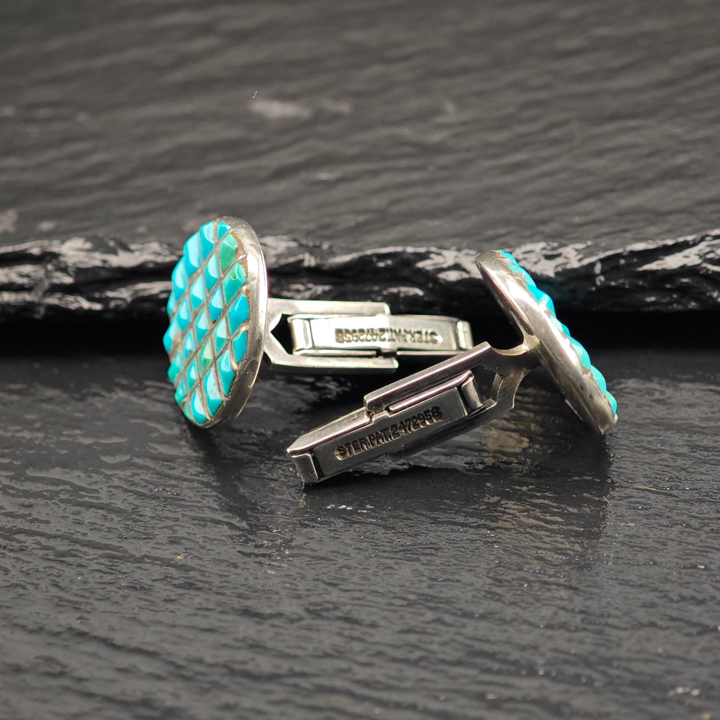 1940's Native American Zuni Turquoise Inlay Cufflinks Sterling Silver MISC0357
