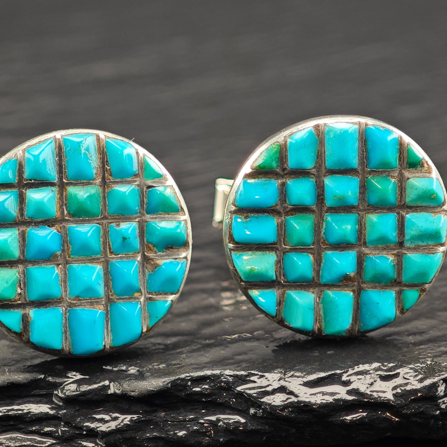 1940's Native American Zuni Turquoise Inlay Cufflinks Sterling Silver MISC0357