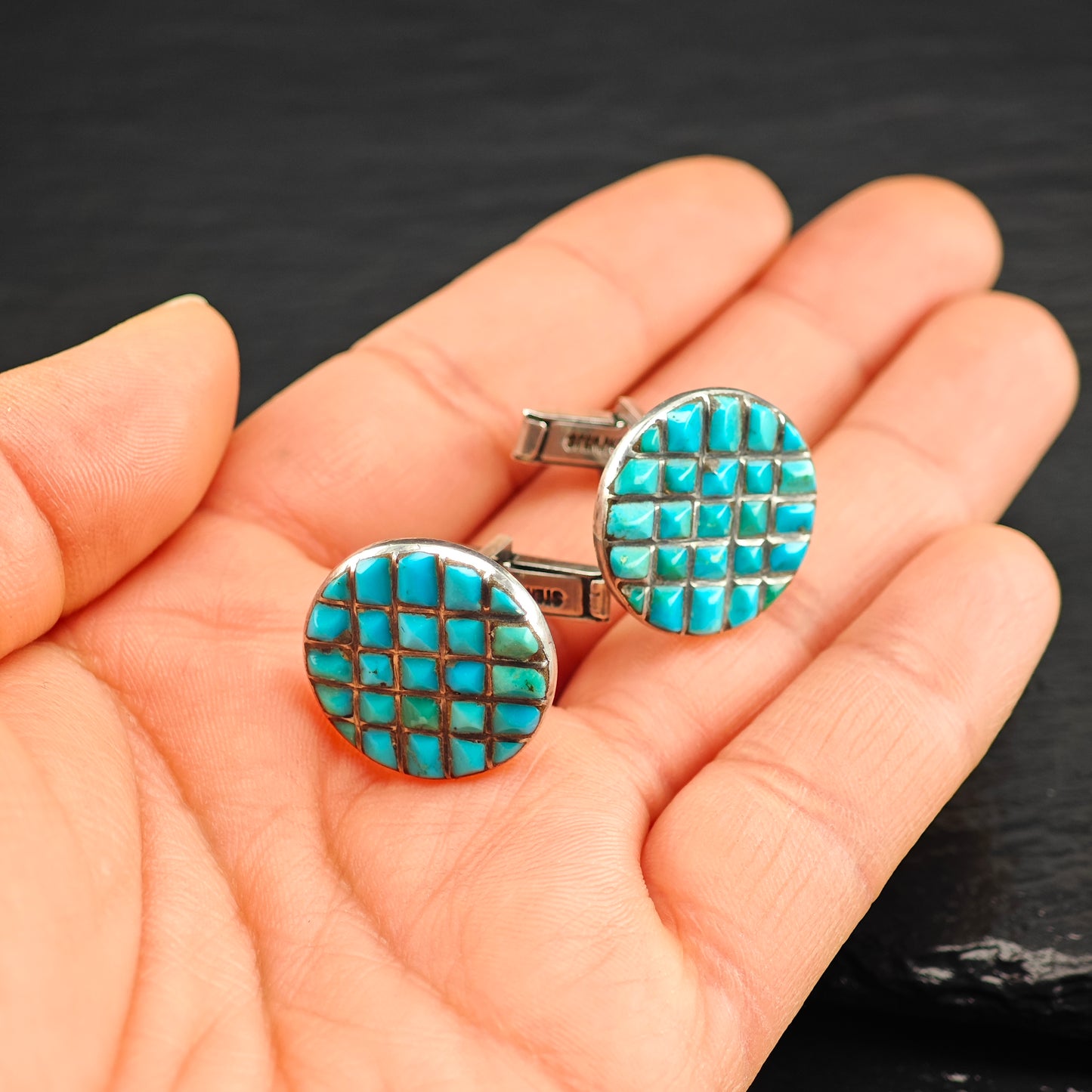 1940's Native American Zuni Turquoise Inlay Cufflinks Sterling Silver MISC0357
