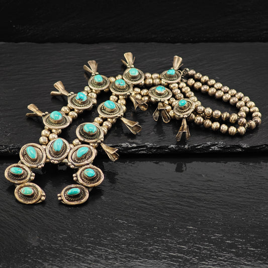 Vintage Native American Turquoise Sterling Silver Squash Blossom Necklace N2686