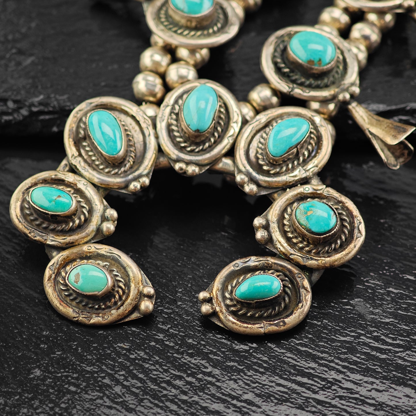 Vintage Native American Turquoise Sterling Silver Squash Blossom Necklace N2686