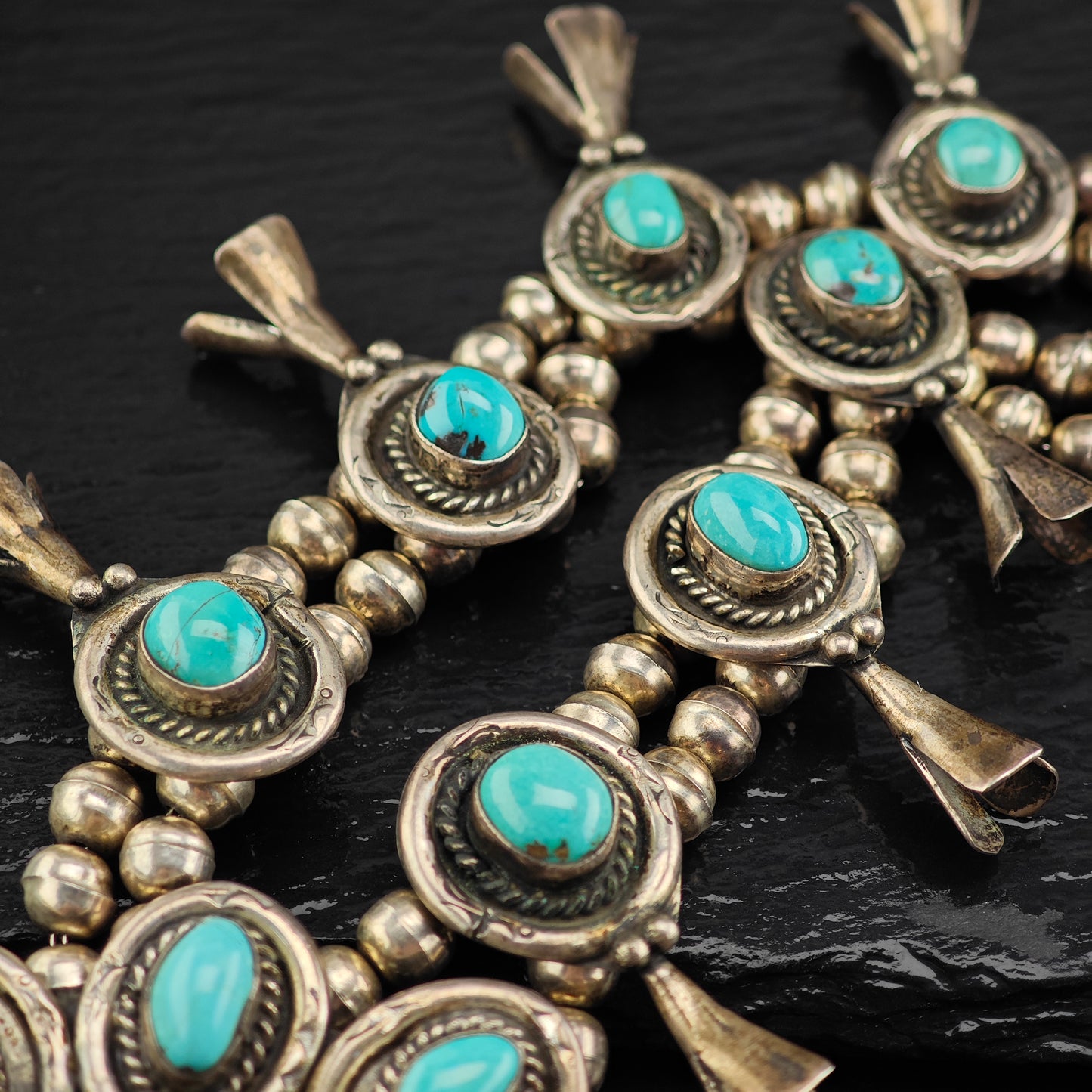 Vintage Native American Turquoise Sterling Silver Squash Blossom Necklace N2686