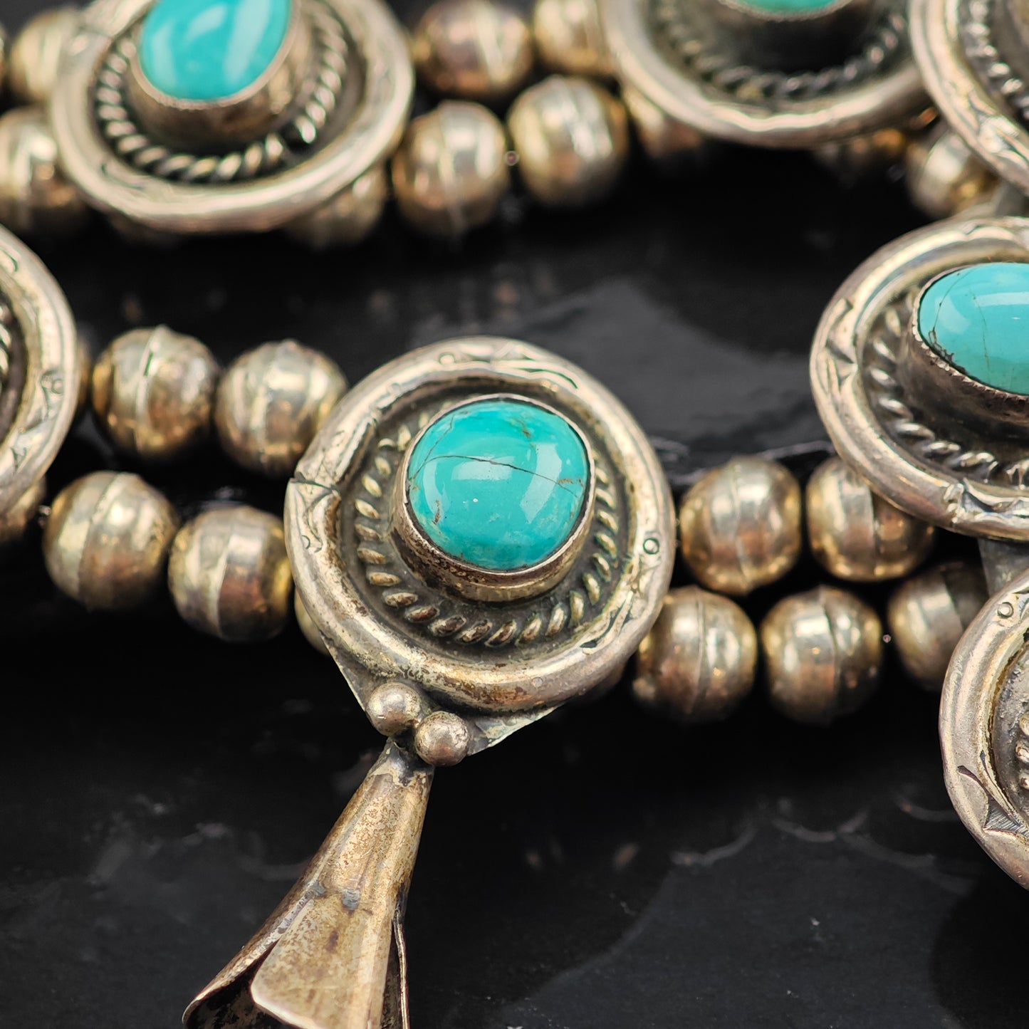 Vintage Native American Turquoise Sterling Silver Squash Blossom Necklace N2686