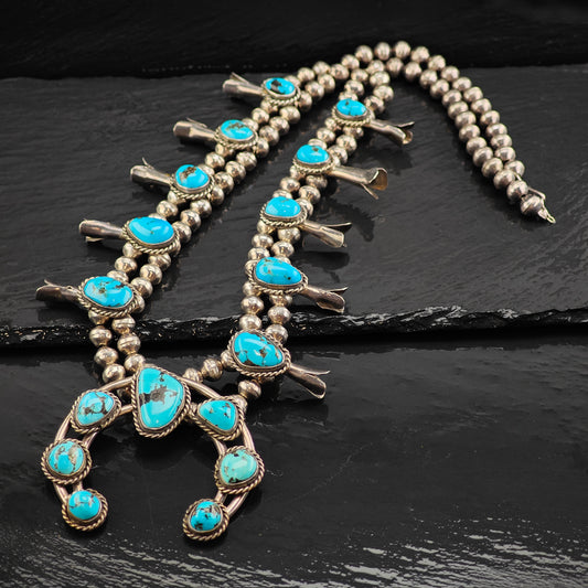 Vintage Southwest Blue Kingman Sterling Silver Turquoise Squash Blossom Necklace N2687
