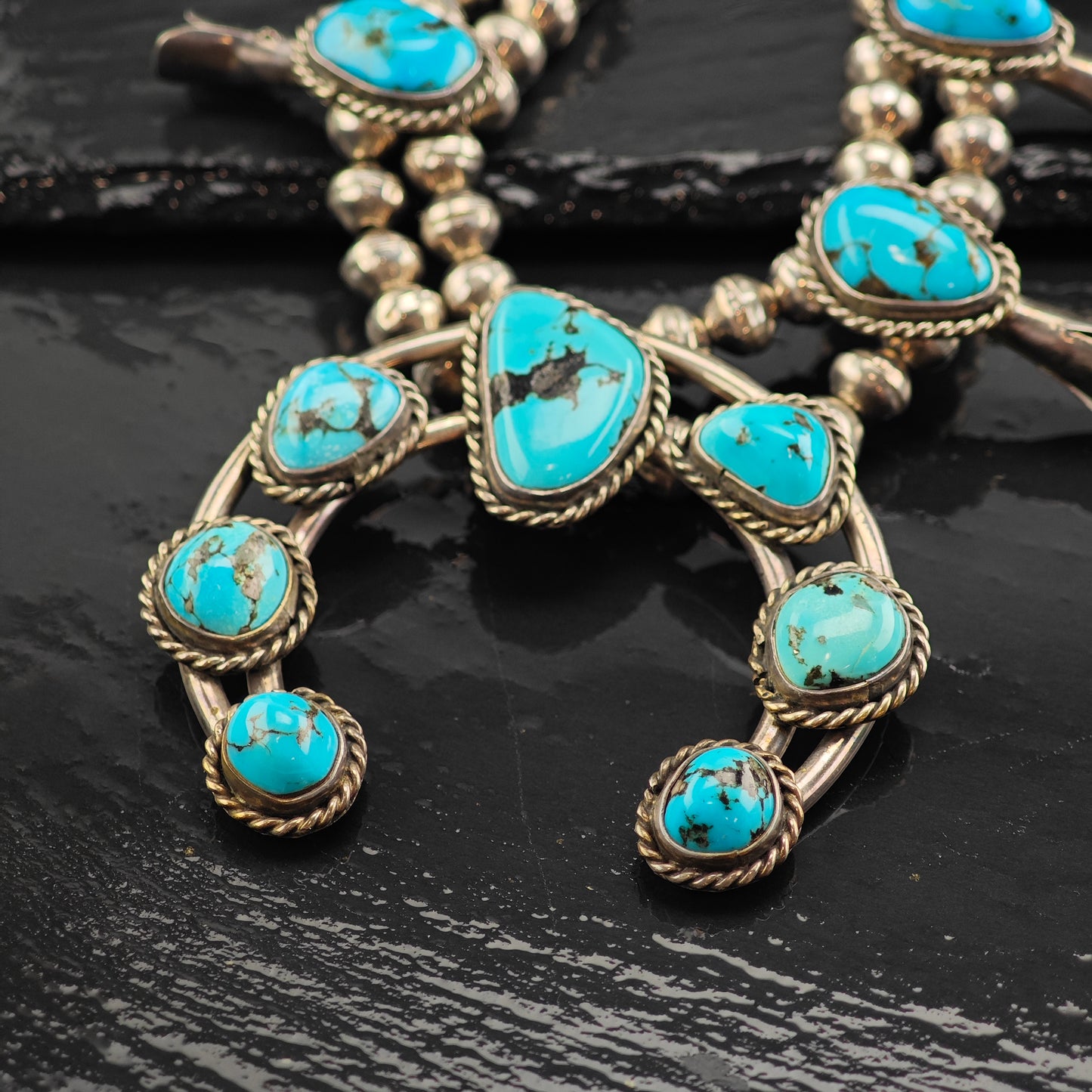 Vintage Southwest Blue Kingman Sterling Silver Turquoise Squash Blossom Necklace N2687