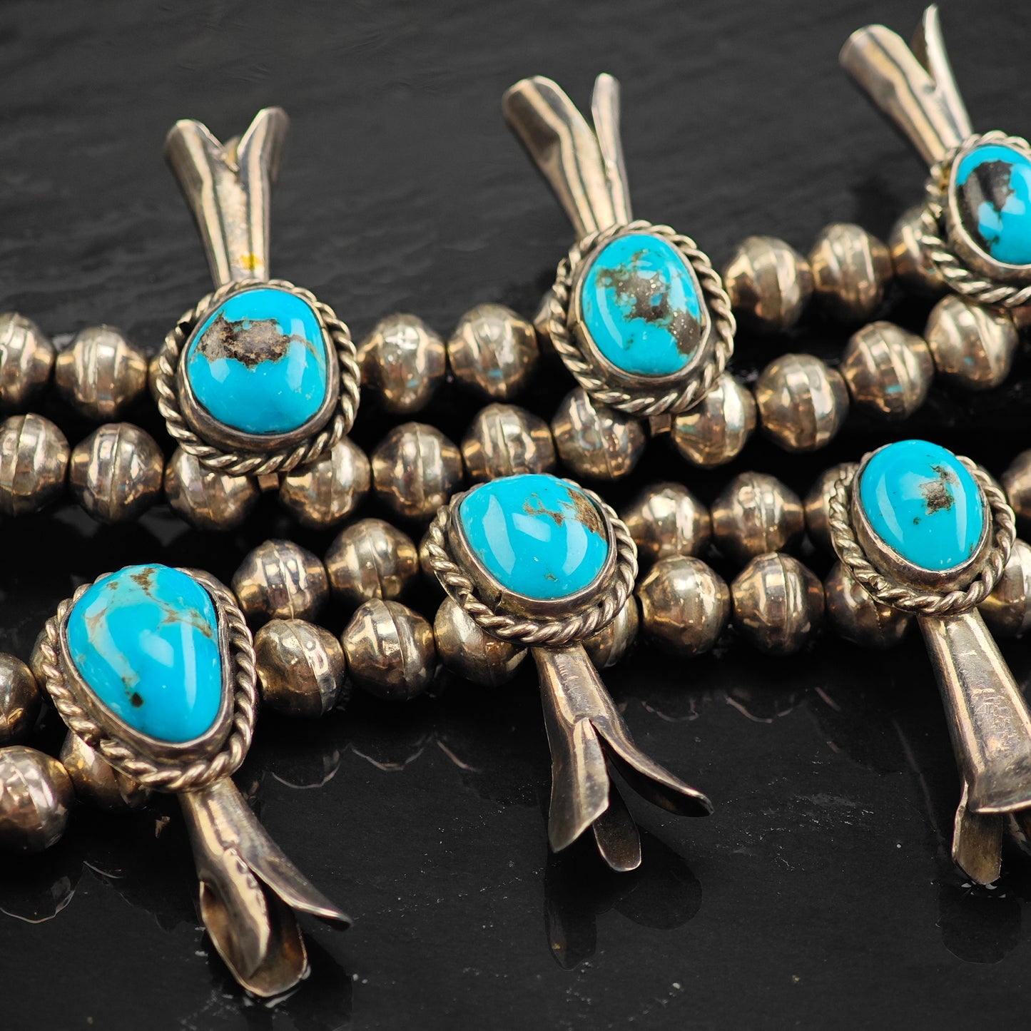 Vintage Southwest Blue Kingman Sterling Silver Turquoise Squash Blossom Necklace N2687