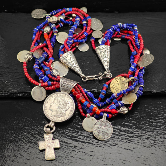 Vintage Native American Morgan Dollar Cross Sterling Silver Trader Beads Necklace N2688