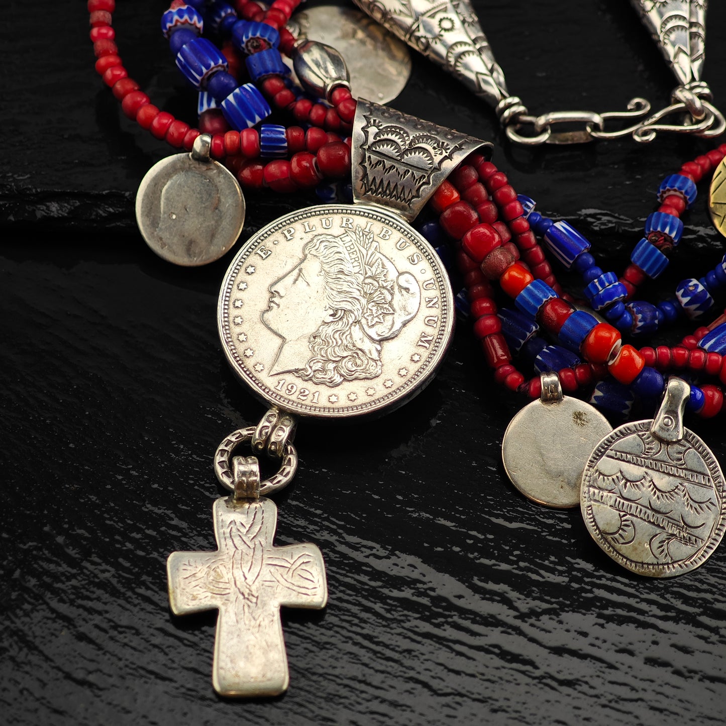 Vintage Native American Morgan Dollar Cross Sterling Silver Trader Beads Necklace N2688