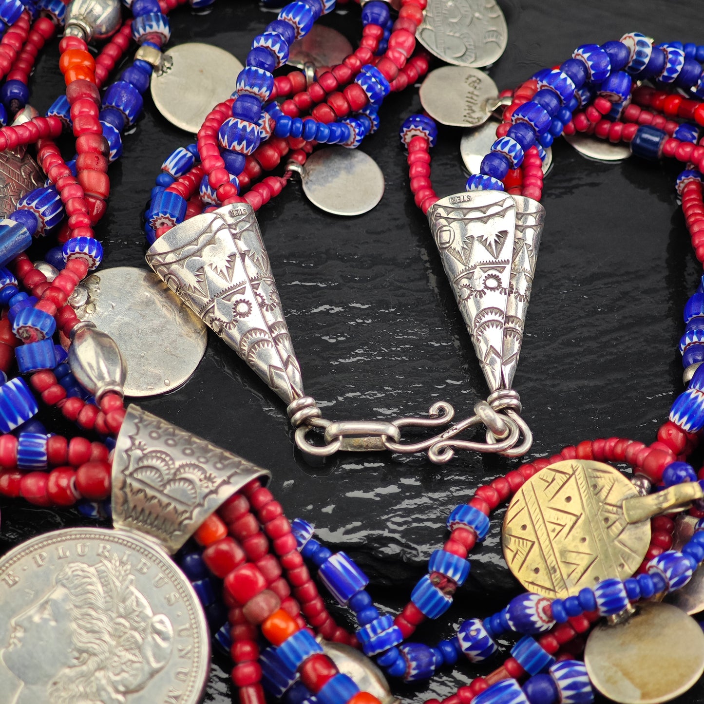 Vintage Native American Morgan Dollar Cross Sterling Silver Trader Beads Necklace N2688