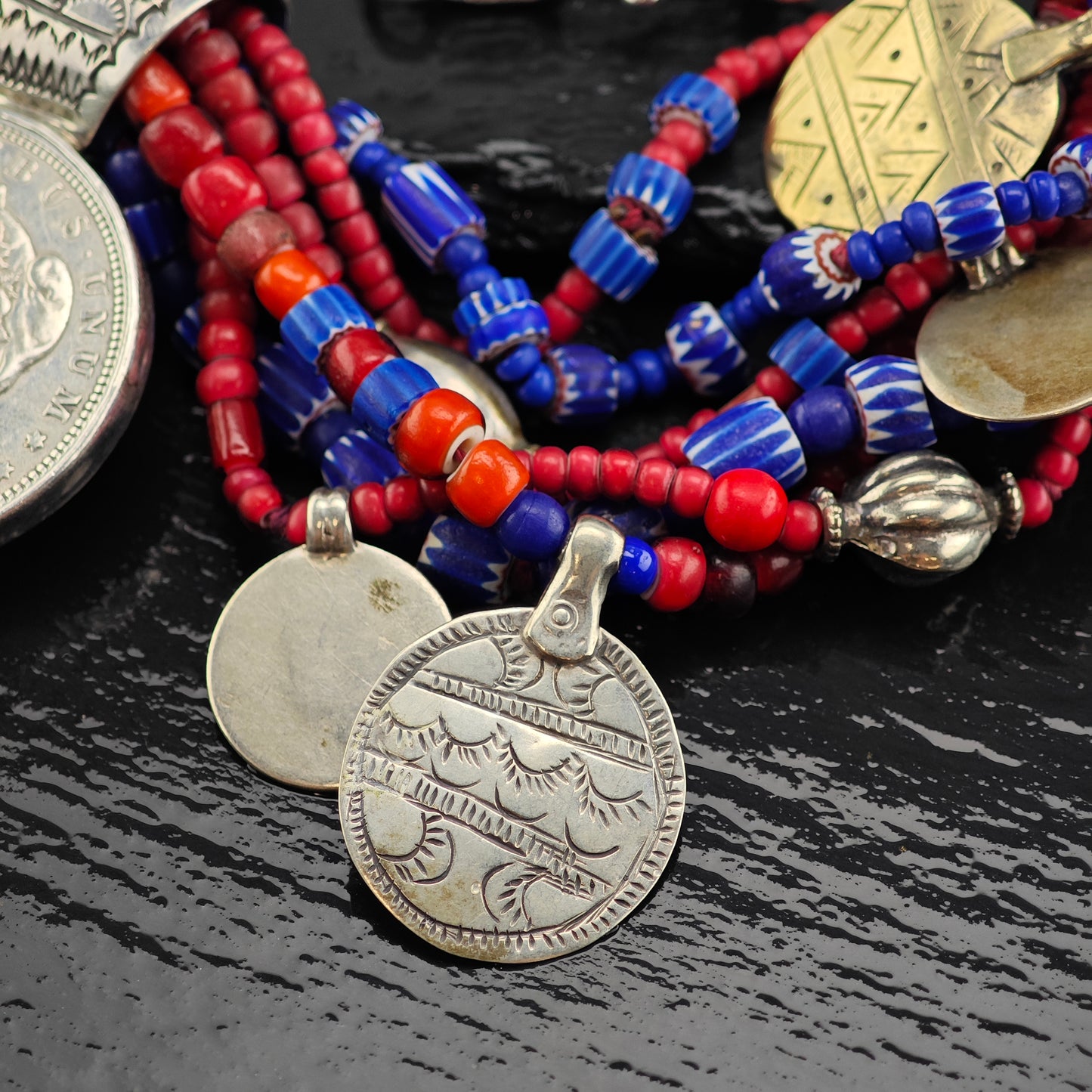 Vintage Native American Morgan Dollar Cross Sterling Silver Trader Beads Necklace N2688