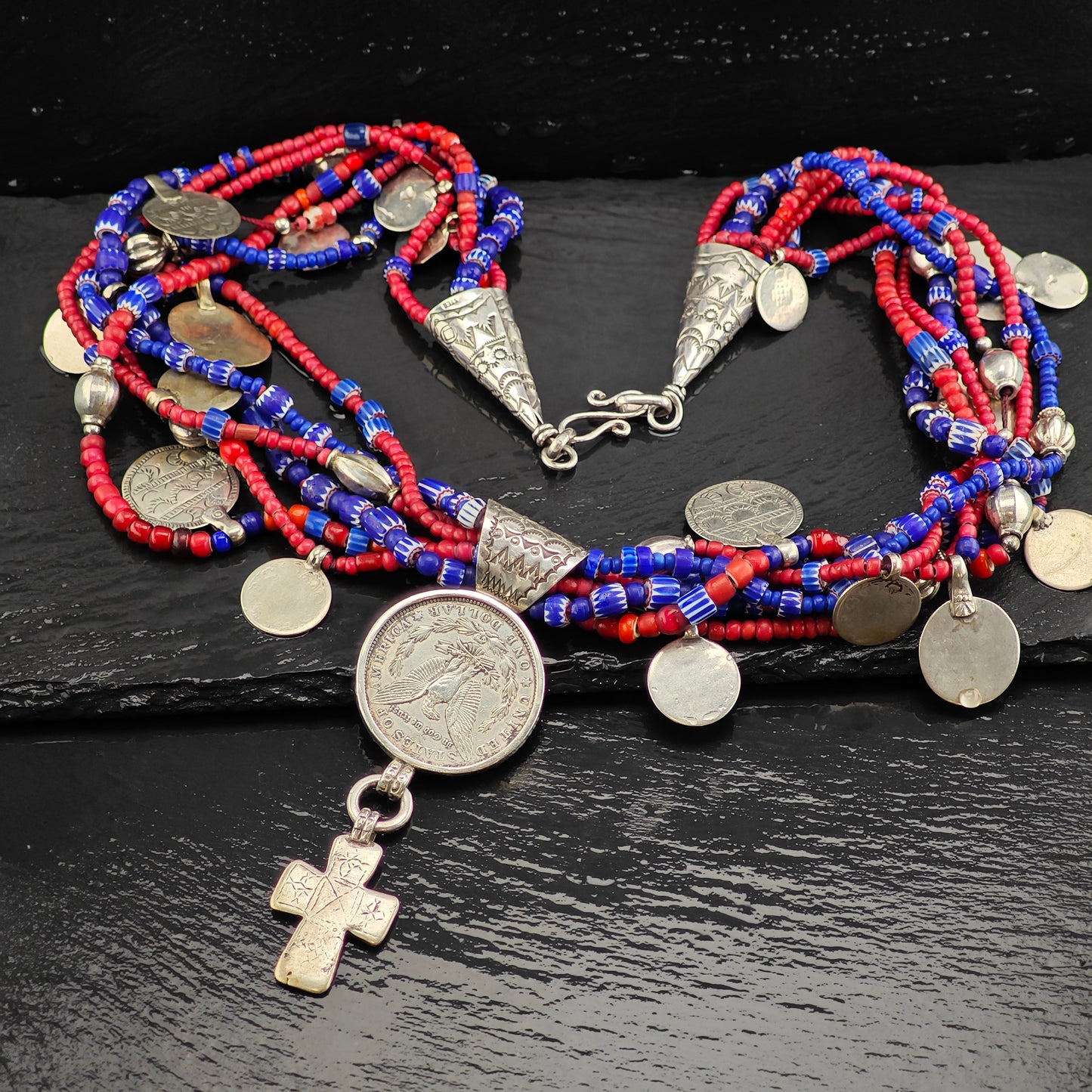 Vintage Native American Morgan Dollar Cross Sterling Silver Trader Beads Necklace N2688