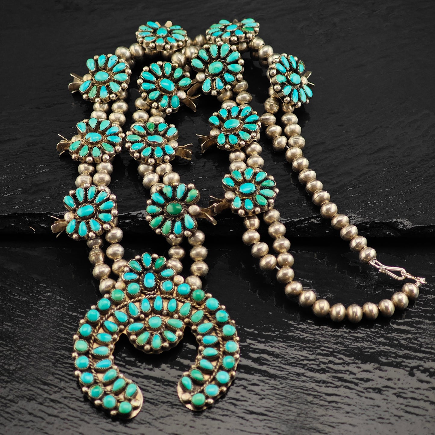 Vintage Zuni Turquoise Cluster Sterling Silver Squash Blossom Necklace N2689