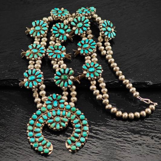 Vintage Zuni Turquoise Cluster Sterling Silver Squash Blossom Necklace N2689