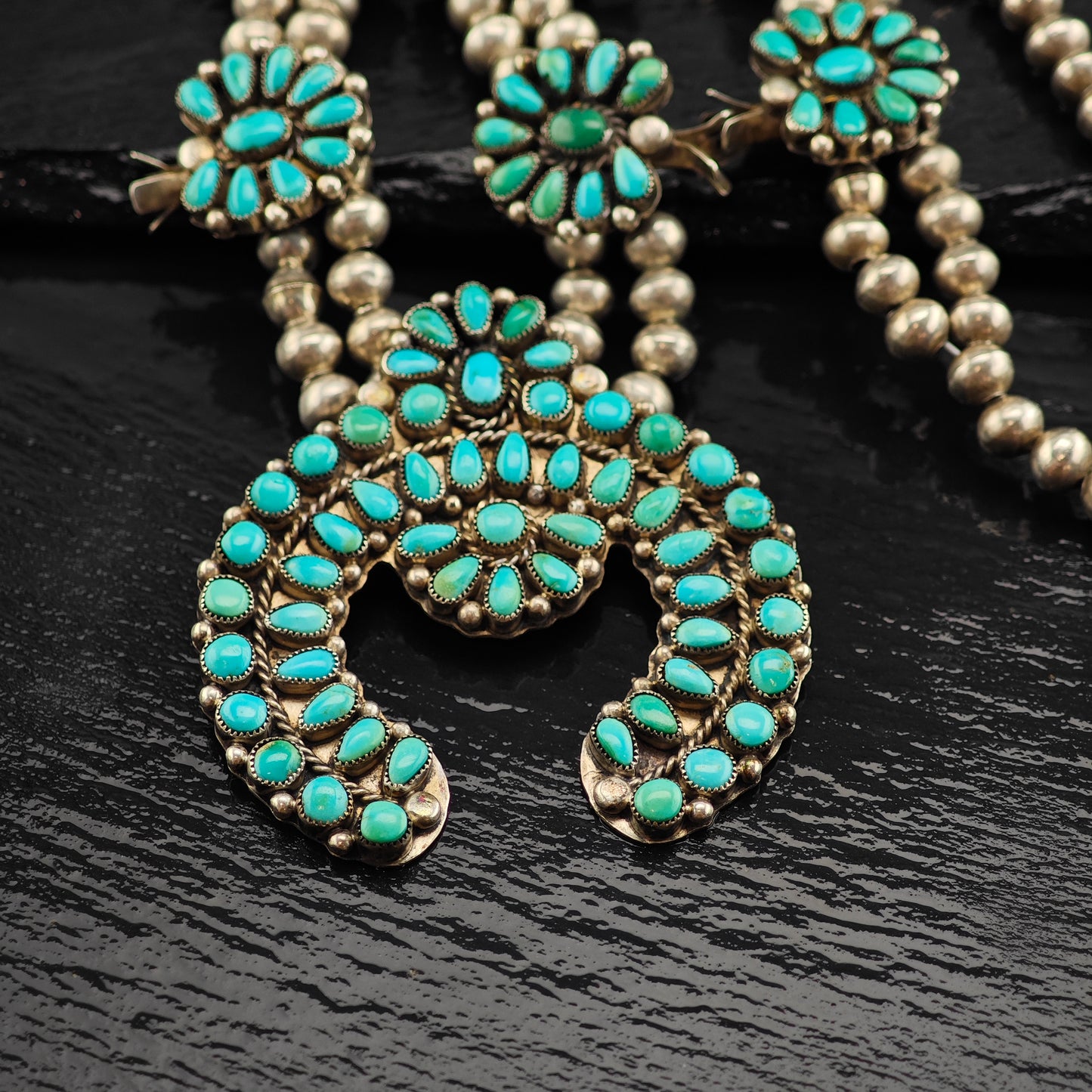 Vintage Zuni Turquoise Cluster Sterling Silver Squash Blossom Necklace N2689