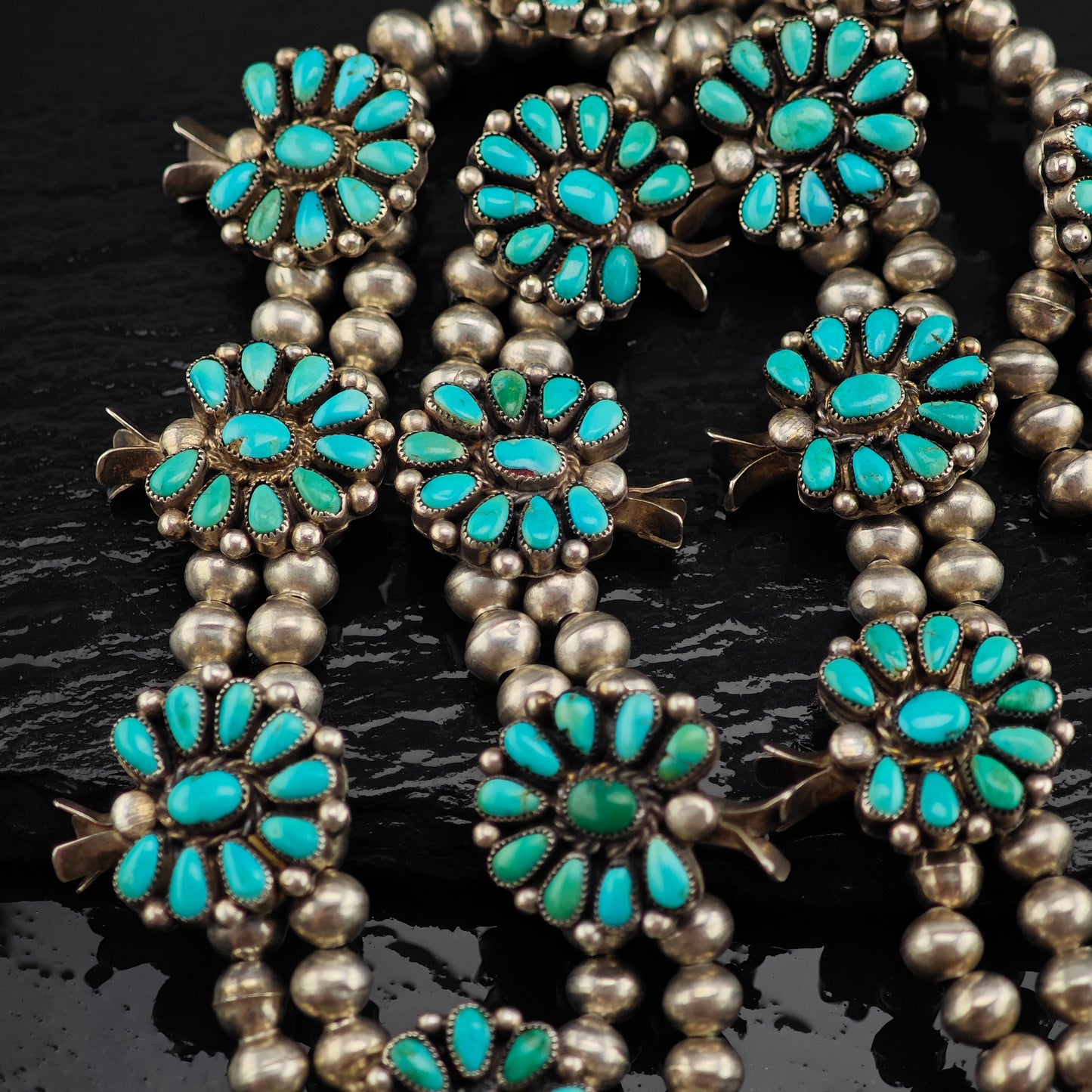 Vintage Zuni Turquoise Cluster Sterling Silver Squash Blossom Necklace N2689