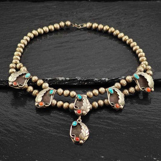 Vintage Native American Turquoise & Coral Sterling Silver Squash Blossom Necklace N2690