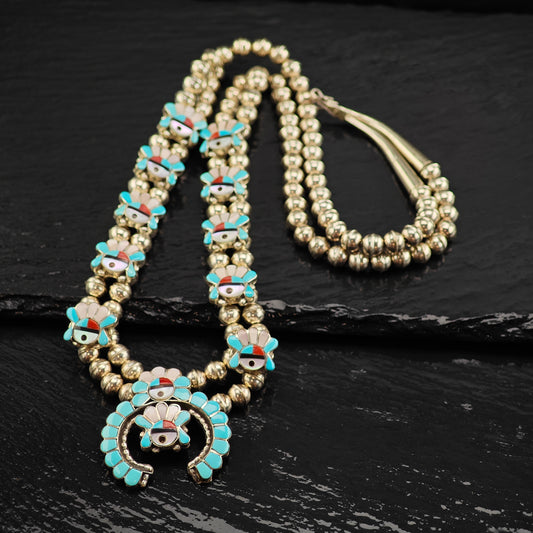 Vintage Zuni Multi-Stone Inlay Sterling Silver Squash Blossom Necklace N2691