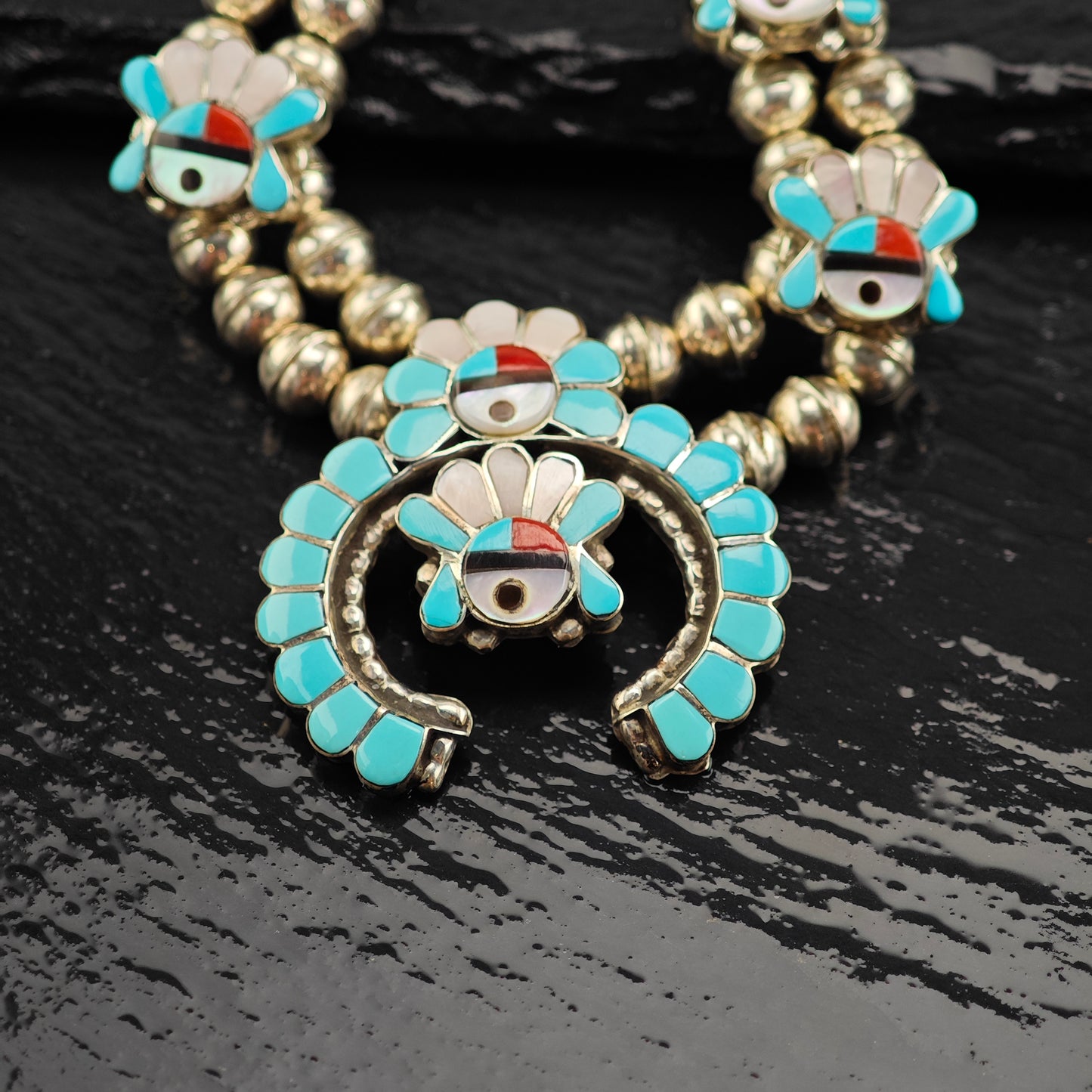 Vintage Zuni Multi-Stone Inlay Sterling Silver Squash Blossom Necklace N2691