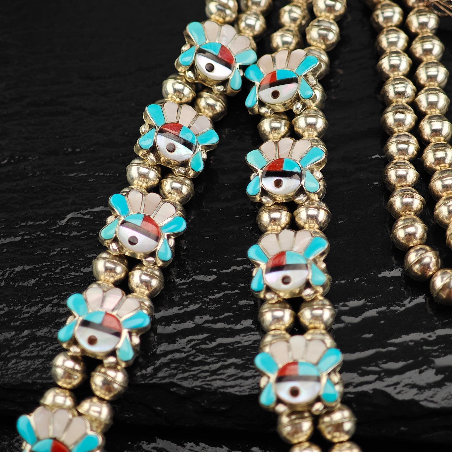 Vintage Zuni Multi-Stone Inlay Sterling Silver Squash Blossom Necklace N2691