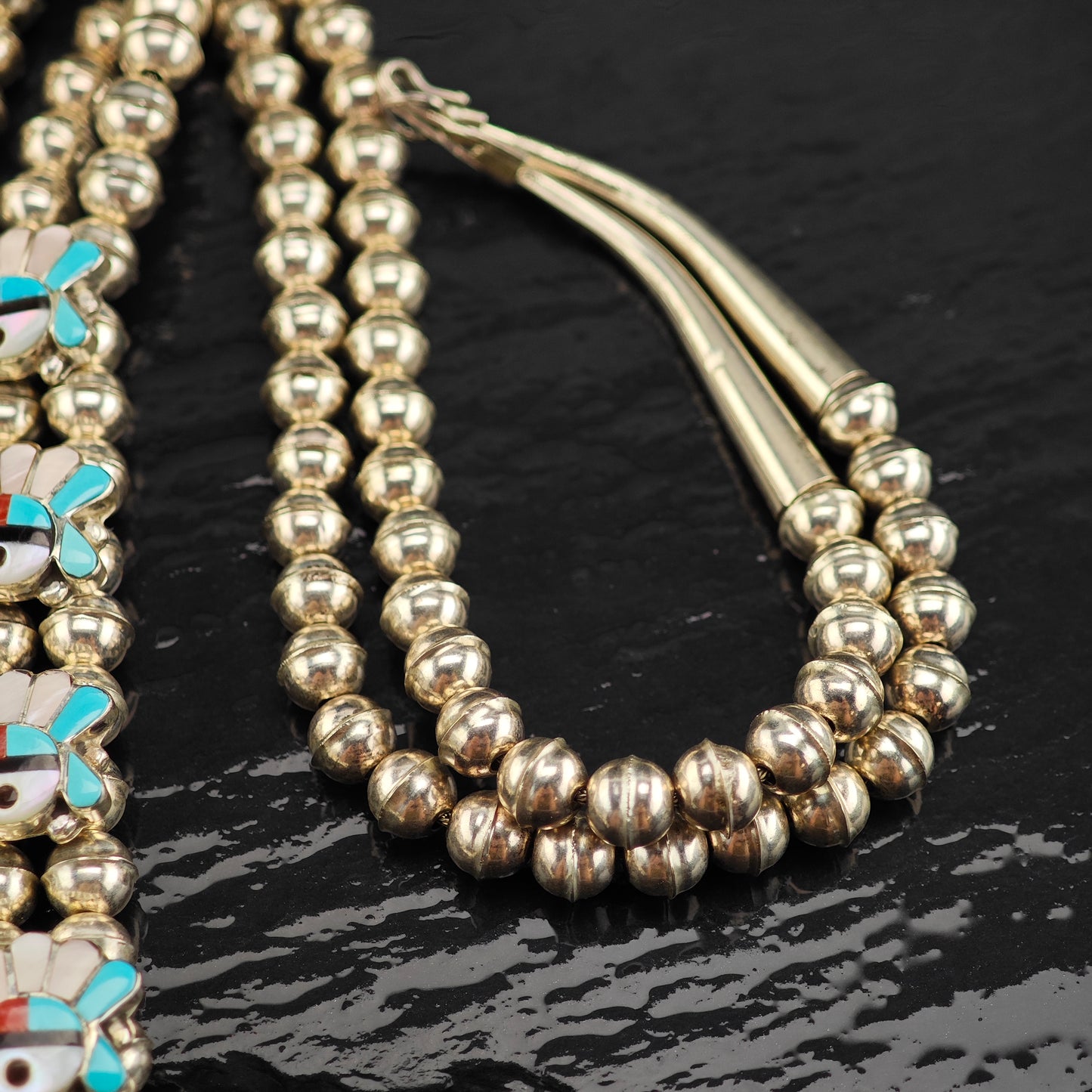 Vintage Zuni Multi-Stone Inlay Sterling Silver Squash Blossom Necklace N2691