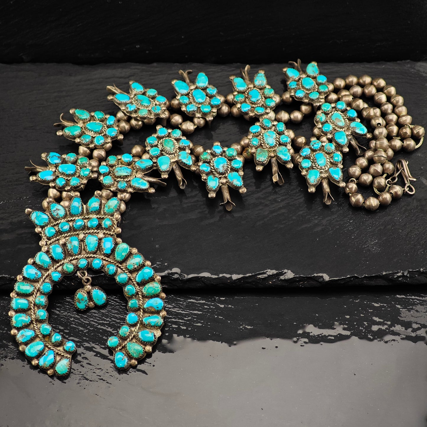 Vintage Zuni Turquoise Cluster Pendant Sterling Silver Squash Blossom Necklace N2693