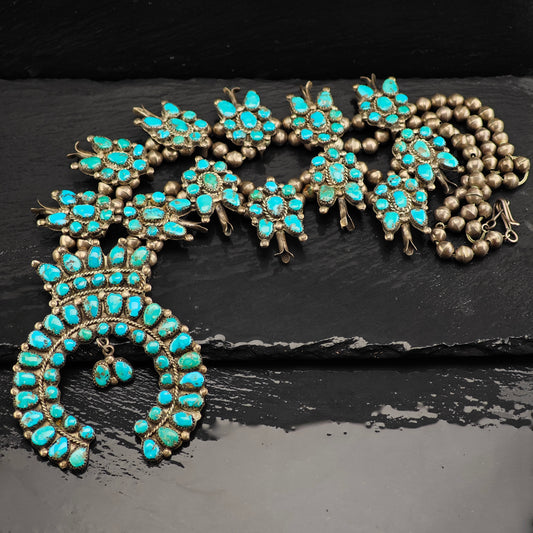 Vintage Zuni Turquoise Cluster Pendant Sterling Silver Squash Blossom Necklace N2693