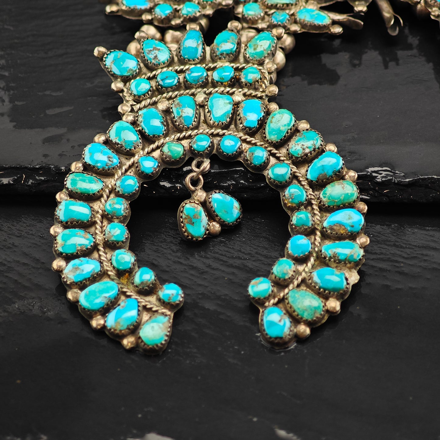 Vintage Zuni Turquoise Cluster Pendant Sterling Silver Squash Blossom Necklace N2693