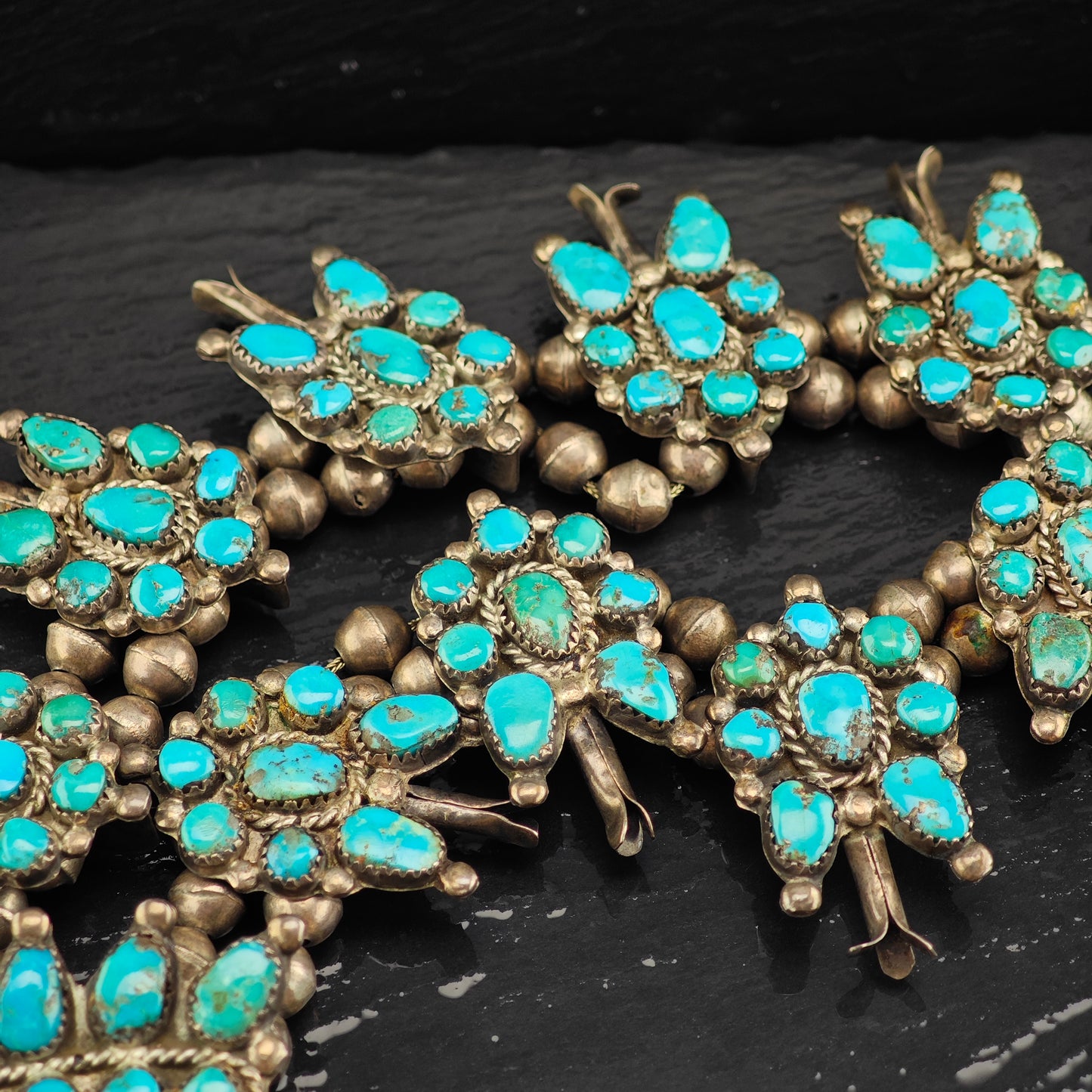Vintage Zuni Turquoise Cluster Pendant Sterling Silver Squash Blossom Necklace N2693