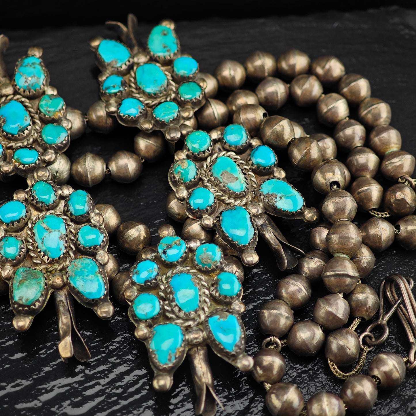 Vintage Zuni Turquoise Cluster Pendant Sterling Silver Squash Blossom Necklace N2693