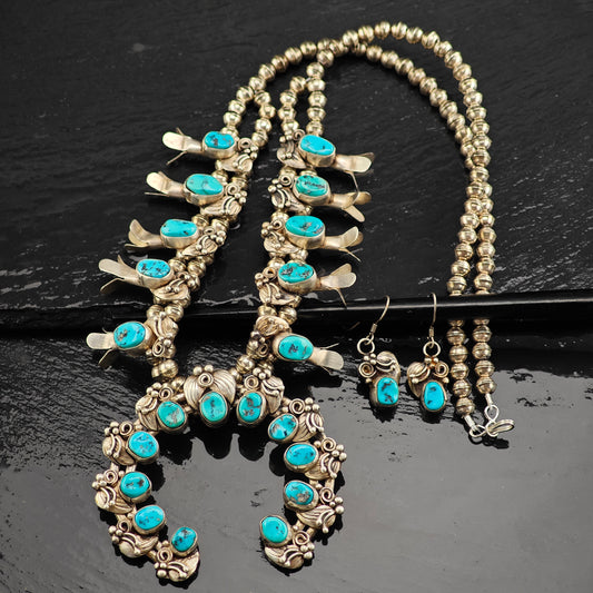 Vintage Native American Blue Sleeping Beauty Turquoise Sterling Silver Squash Blossom & Earring Set Necklace N2692