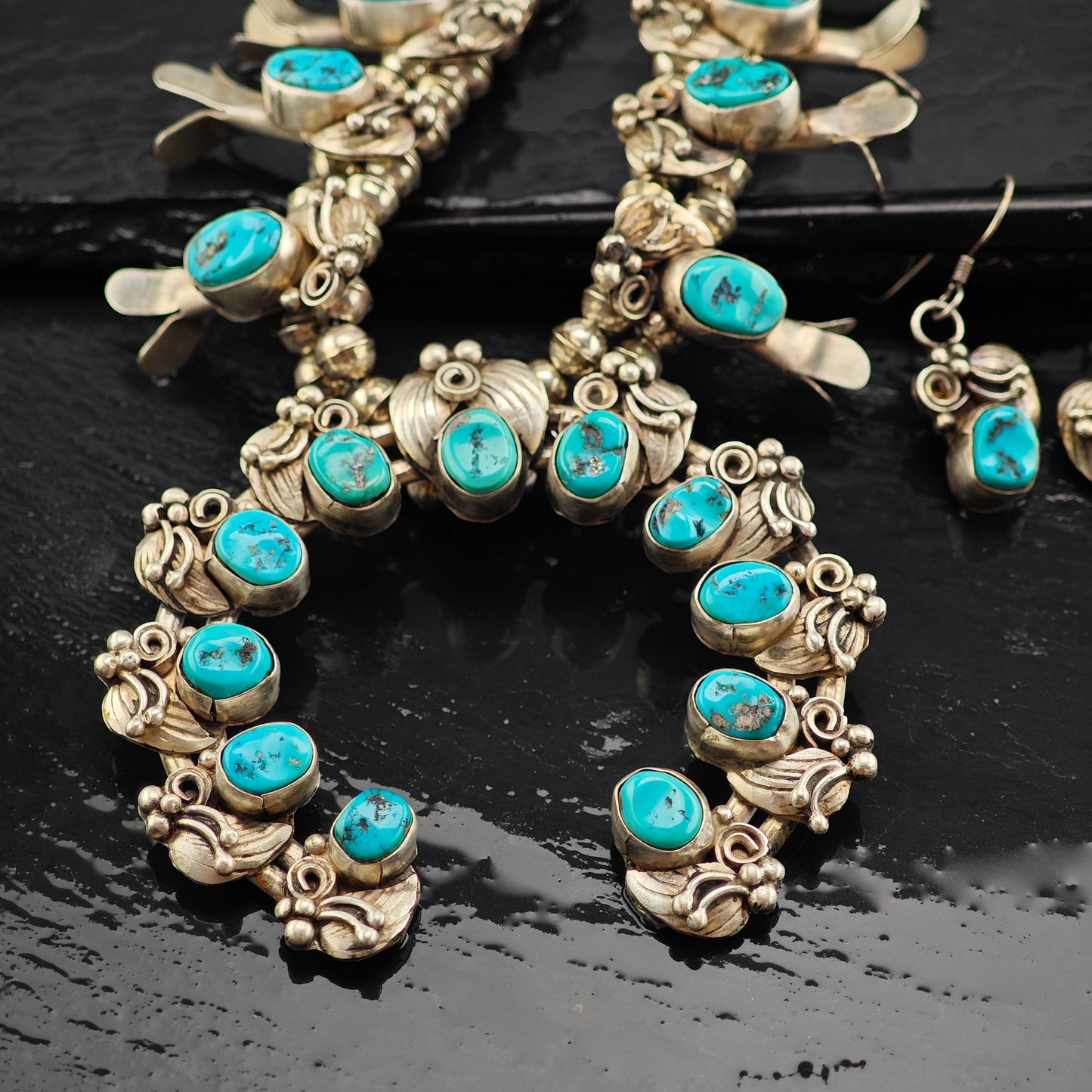Vintage Native American Blue Sleeping Beauty Turquoise Sterling Silver Squash Blossom & Earring Set Necklace N2692