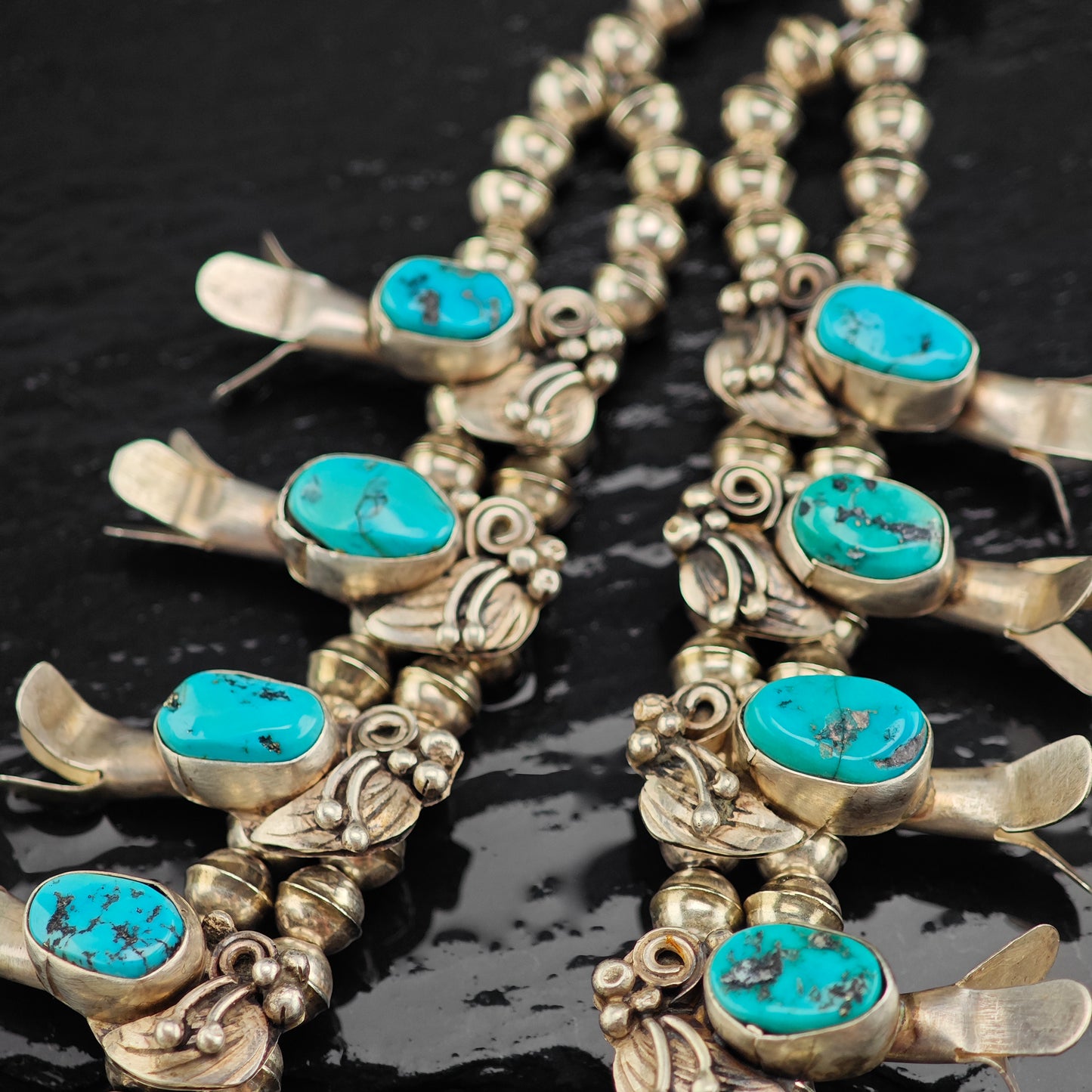 Vintage Native American Blue Sleeping Beauty Turquoise Sterling Silver Squash Blossom & Earring Set Necklace N2692