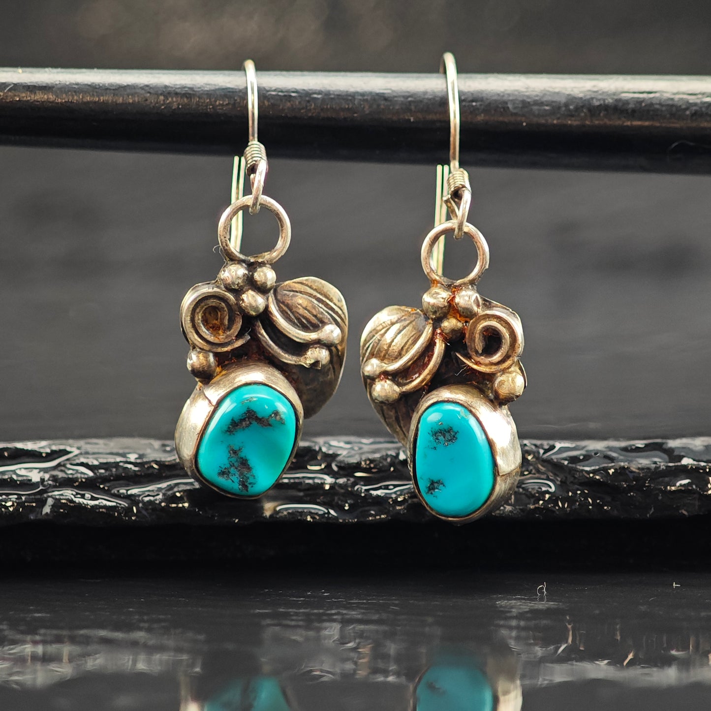 Vintage Native American Blue Sleeping Beauty Turquoise Sterling Silver Squash Blossom & Earring Set Necklace N2692
