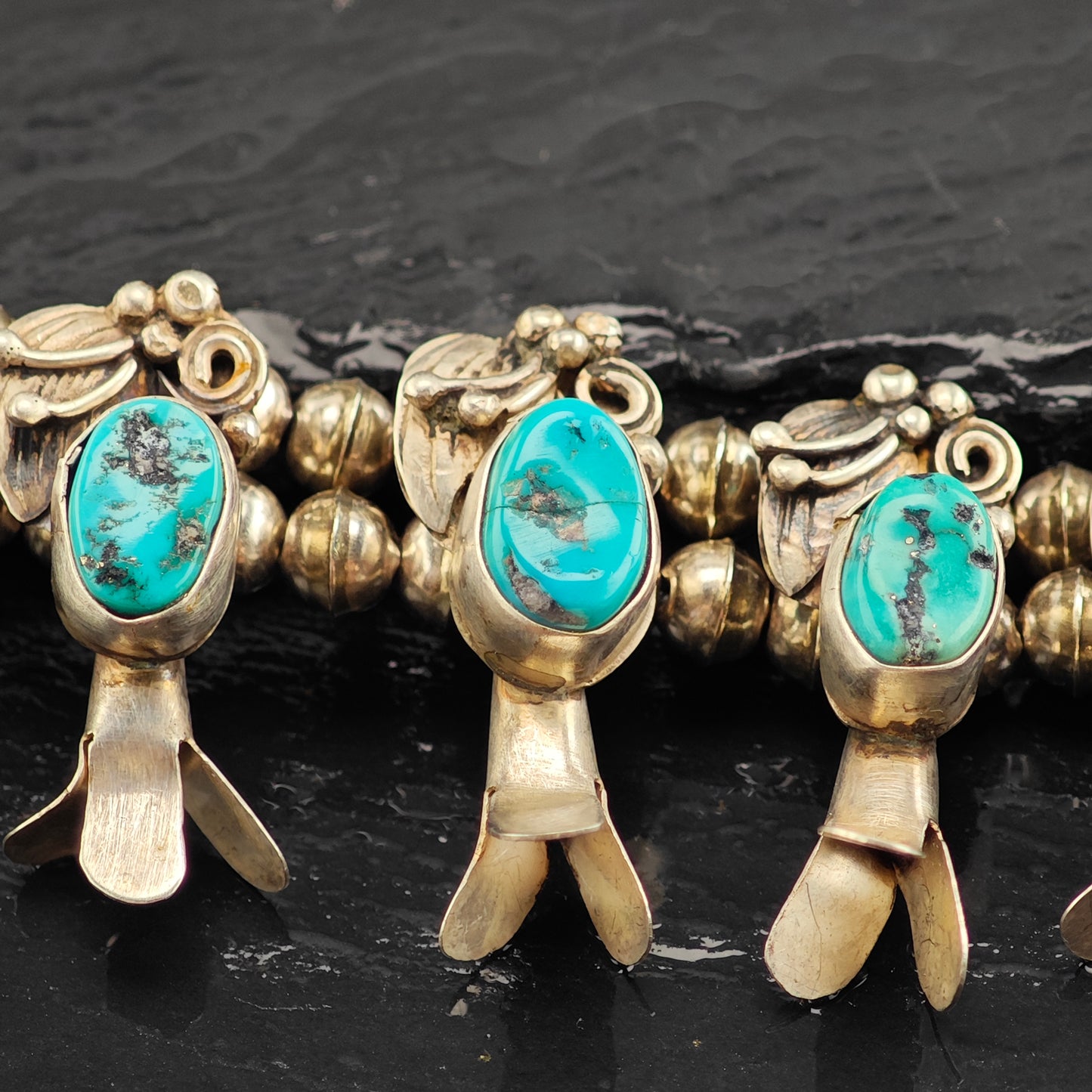 Vintage Native American Blue Sleeping Beauty Turquoise Sterling Silver Squash Blossom & Earring Set Necklace N2692