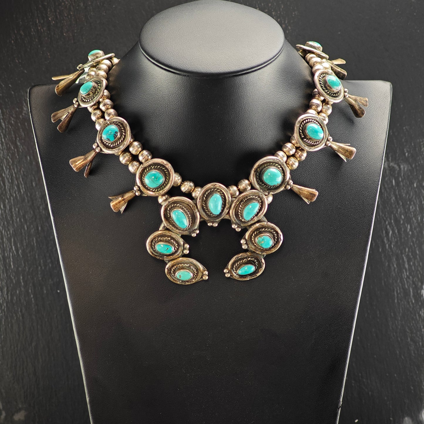 Vintage Native American Turquoise Sterling Silver Squash Blossom Necklace N2686