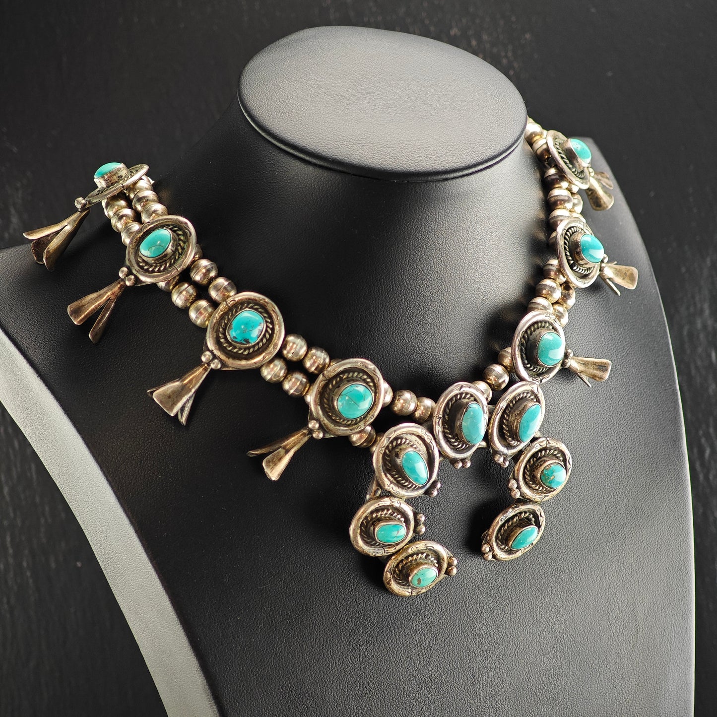 Vintage Native American Turquoise Sterling Silver Squash Blossom Necklace N2686