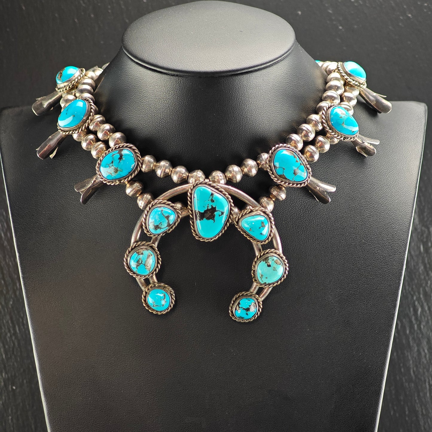 Vintage Southwest Blue Kingman Sterling Silver Turquoise Squash Blossom Necklace N2687