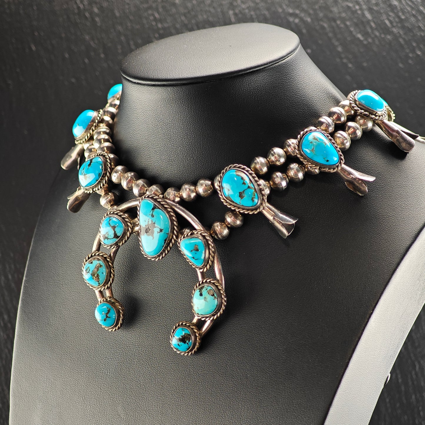 Vintage Southwest Blue Kingman Sterling Silver Turquoise Squash Blossom Necklace N2687