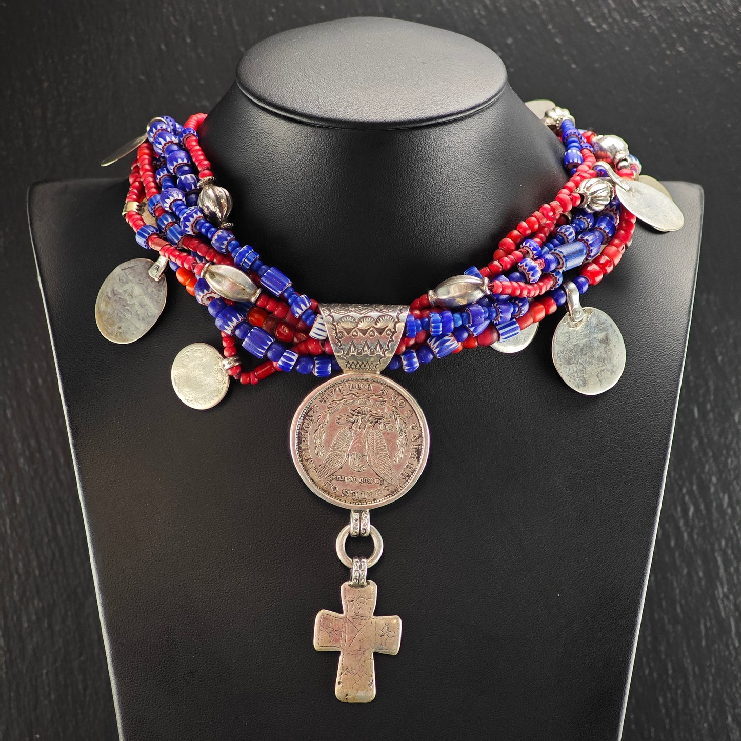 Vintage Native American Morgan Dollar Cross Sterling Silver Trader Beads Necklace N2688
