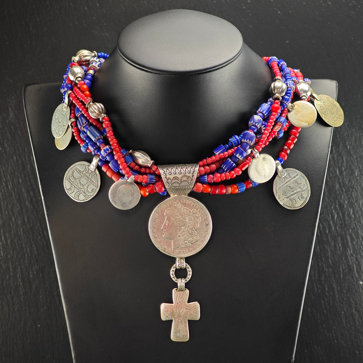Vintage Native American Morgan Dollar Cross Sterling Silver Trader Beads Necklace N2688