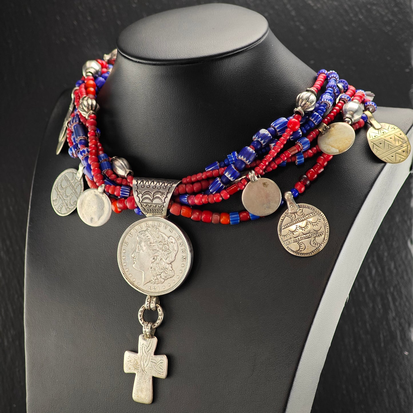 Vintage Native American Morgan Dollar Cross Sterling Silver Trader Beads Necklace N2688