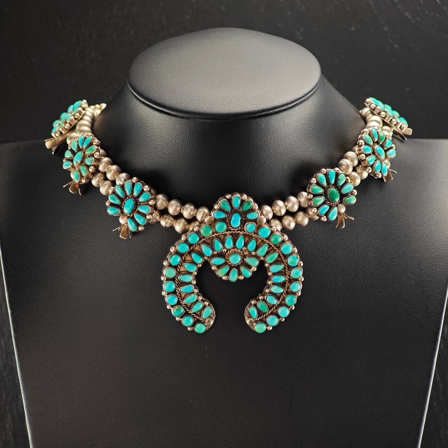 Vintage Zuni Turquoise Cluster Sterling Silver Squash Blossom Necklace N2689