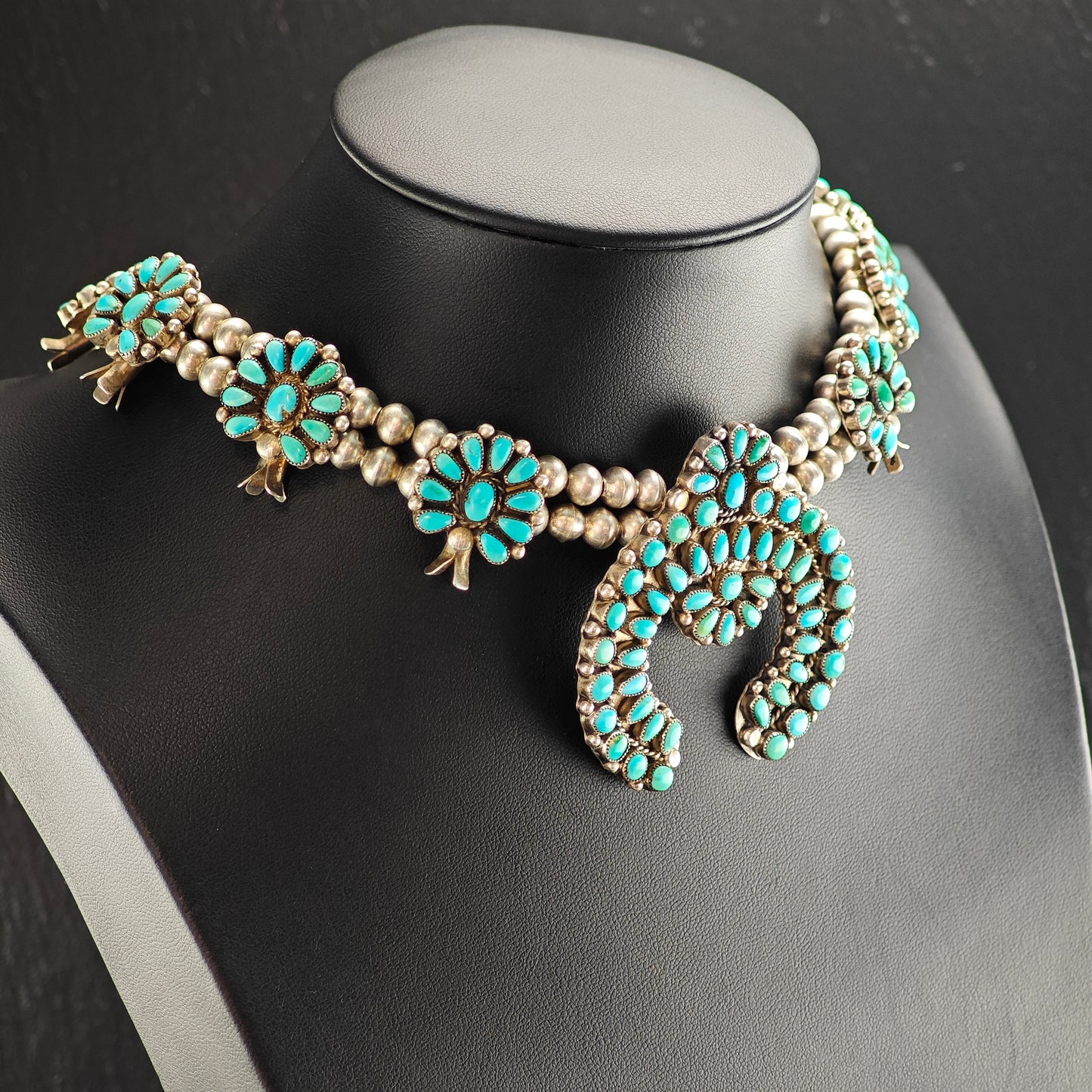 Vintage Zuni Turquoise Cluster Sterling Silver Squash Blossom Necklace N2689
