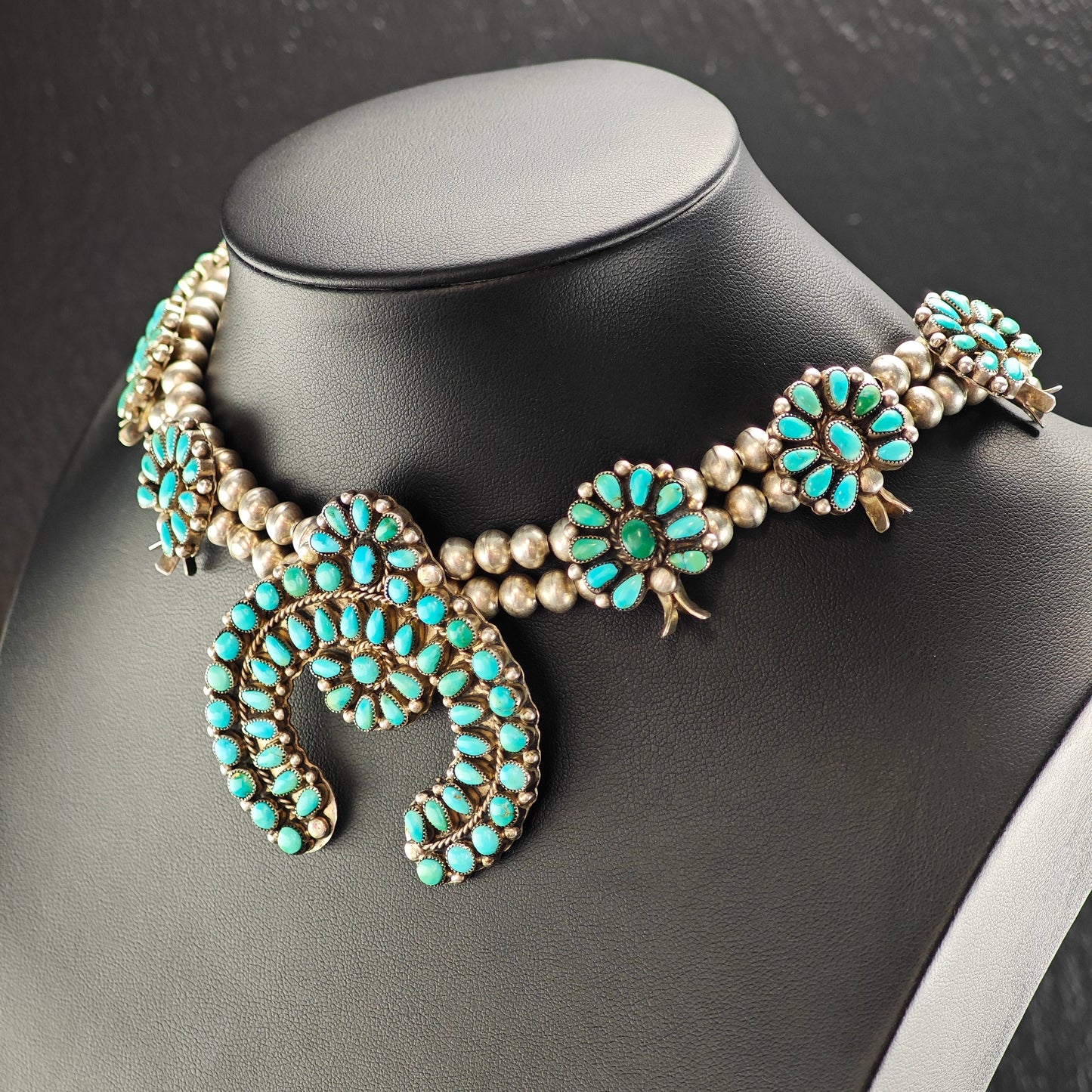 Vintage Zuni Turquoise Cluster Sterling Silver Squash Blossom Necklace N2689