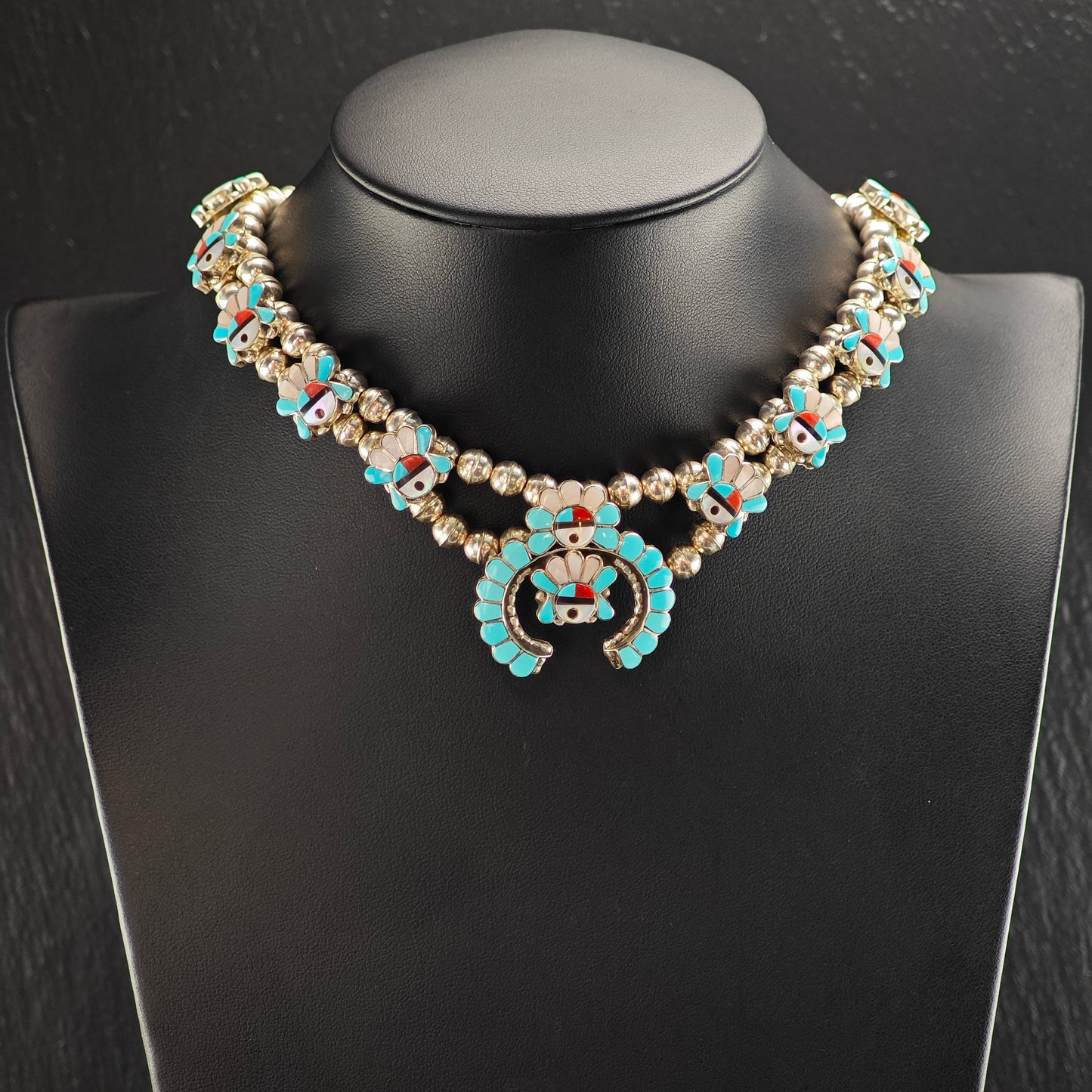 Vintage Zuni Multi-Stone Inlay Sterling Silver Squash Blossom Necklace N2691